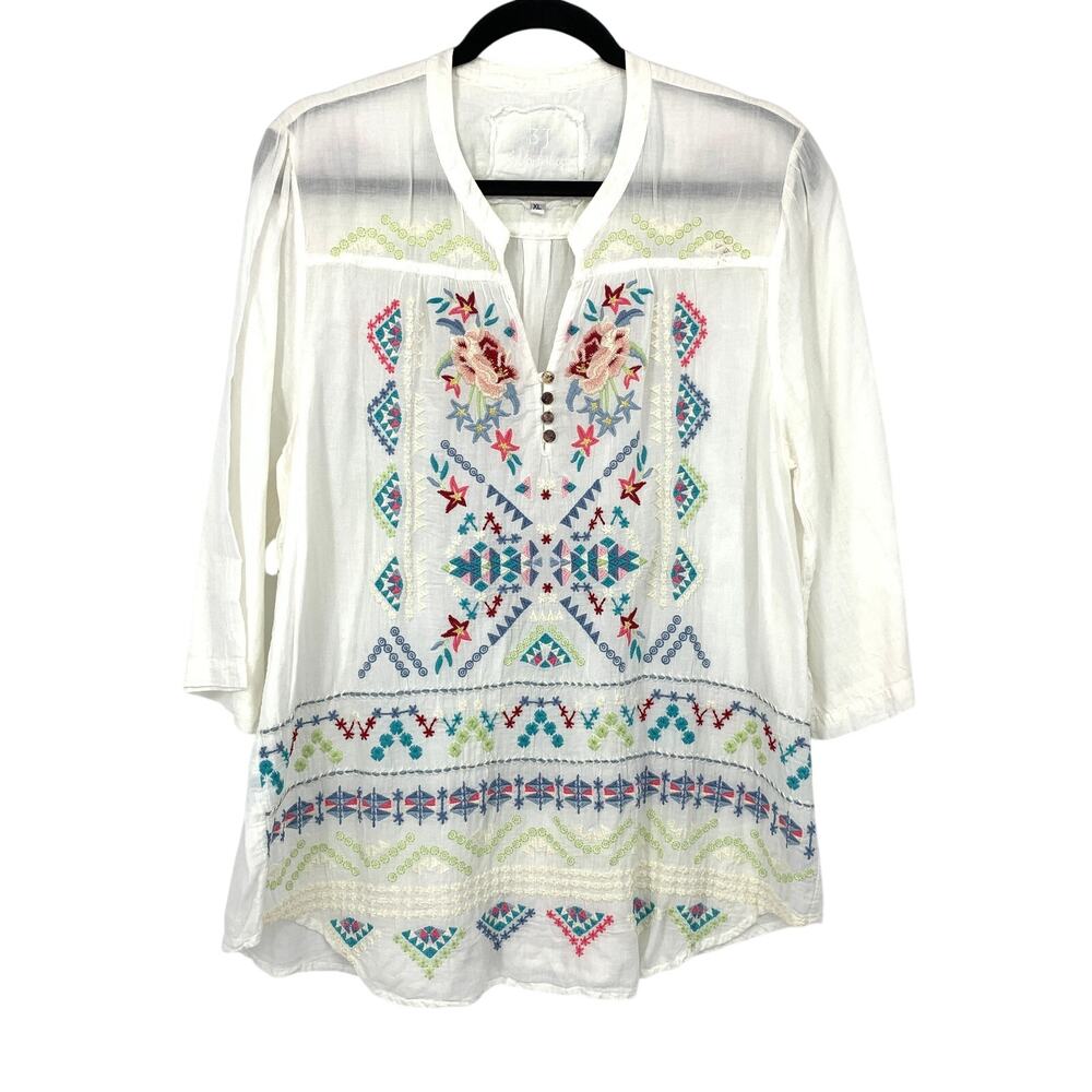Johnny Was 3J Workshop Split Neck 3/4 Sleeve Embroidered Blouse Womens XL White
